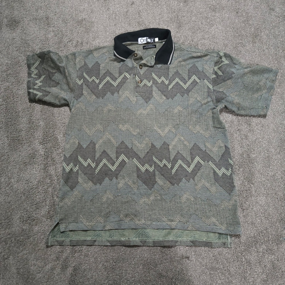 On Tour‎ Mens Geometric Pattern Polo Shirt Textured Knit Top L